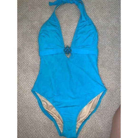 Magic Suit Blue Hlater Neck Rhinestone One Piece Swimsuit Size 12 - Picture 2 of 8
